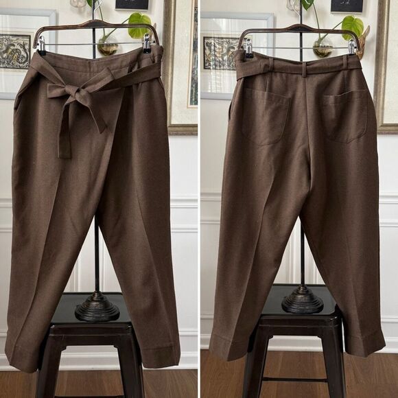 Luukaa Brown Trousers Taper Slightly Cropped Crossfront Tie Sash $180 12 - Picture 1 of 9